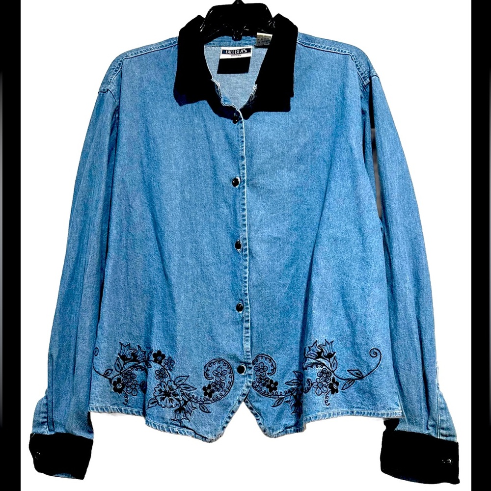 Blill Blass Denim Contrast Button Up Top